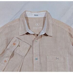 Bugatchi Mens Linen Shirt Size Large Beige Colored Buttons Roll tab Long Sleeve